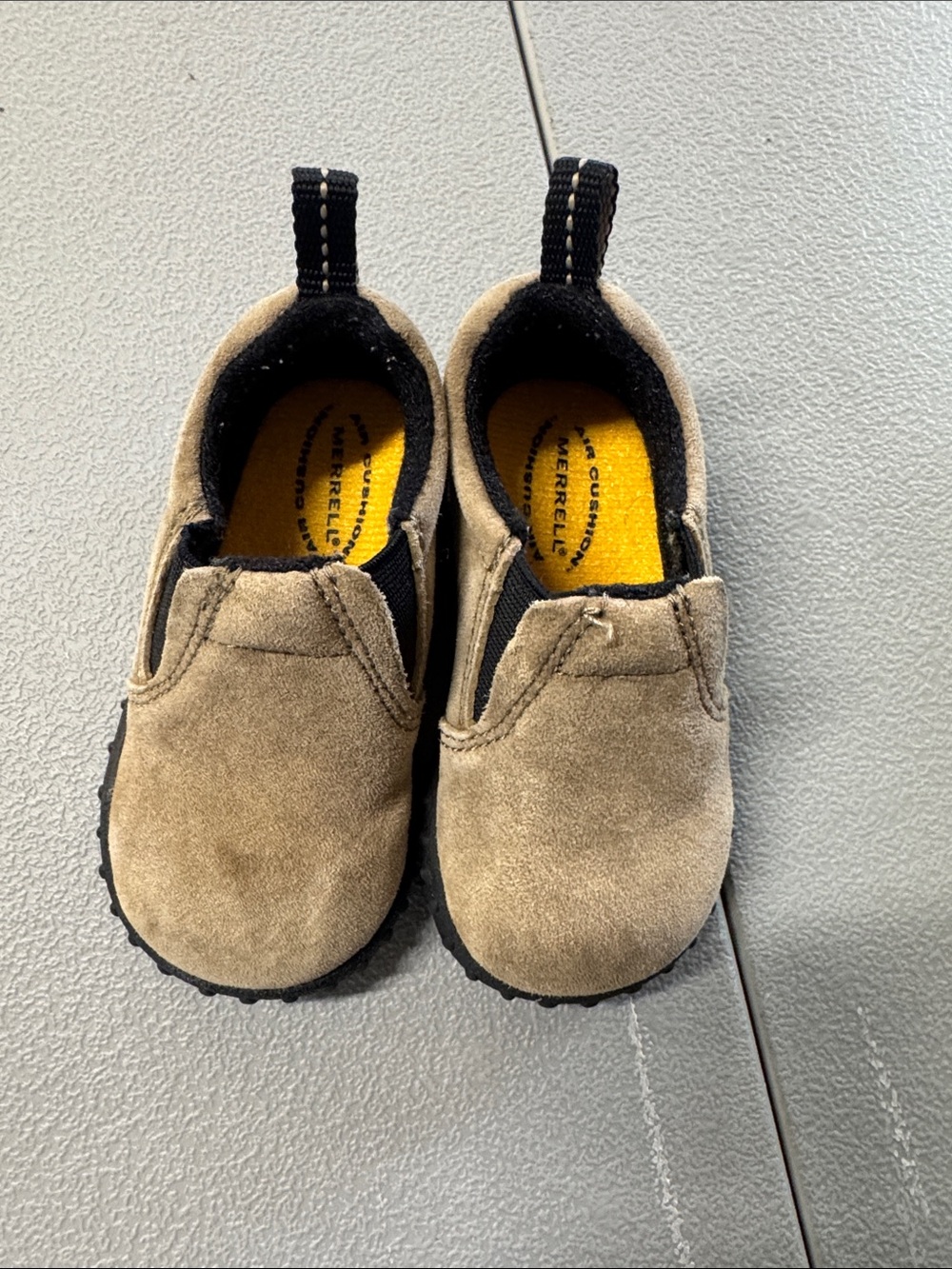 Merrell Kids Slip-On Suede Sneakers in Tan and Black